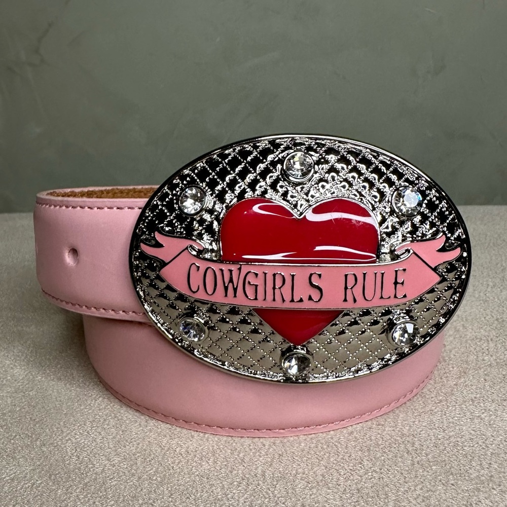 Nocona Cowgirls Rule Rhinestone Pink Western Leather Belt Girl’s Size 24